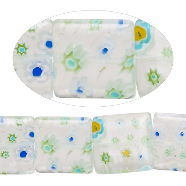 Bead, millefiori glass, translucent and transparent multicolored, 14mm puffed square with 0.6-0.8mm hole. Sold per 15-inch strand. image number 0