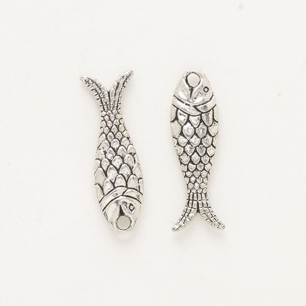 Charm, "pewter" (zinc-based alloy), pkg/2, antique silver finish, 23x7mm double-sided fish. image number 0