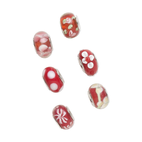 Bead, Dione&reg;, lampworked glass and imitation rhodium-plated brass grommets, transparent red and opaque multicolored, 12x8mm-16x9mm rondelle with assorted designs. Sold per pkg of 6. image number 0