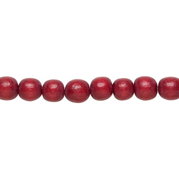 Bead, Taiwanese cheesewood (dyed / waxed), cranberry red, 5-6mm round. Sold per pkg of (2) 15-1/2" to 16" strands. image number 0