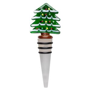Wine bottle stopper, lampworked glass, frosted clear/green/white, 4-1/2x1-1/2 inch with Christmas tree topper and three rubber rings. Sold individually.