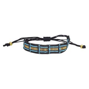 Bracelet, waxed cotton cord / glass / gold-finished steel, black and turquoise blue, 16mm wide, adjustable from 6 to 9-1/2 inches with macramé knot closure. Sold individually.