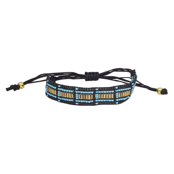 Bracelet, waxed cotton cord / glass / gold-finished steel, black and turquoise blue, 16mm wide, adjustable from 6 to 9-1/2 inches with macramé knot closure. Sold individually. image number 0