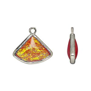 Drop, Opalized Ice™, "opal" (resin) and imitation rhodium-finished brass, opaque orange, 19x15mm double-sided fan. Sold per pkg of 4.