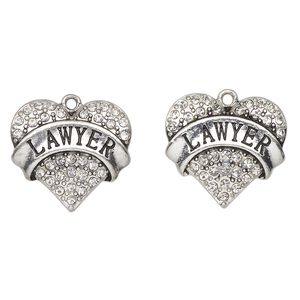 Charm, antique silver-finished enamel "pewter" (zinc-based alloy) and glass, clear and black, 24x23mm heart with "Lawyer". Sold per pkg of 2.