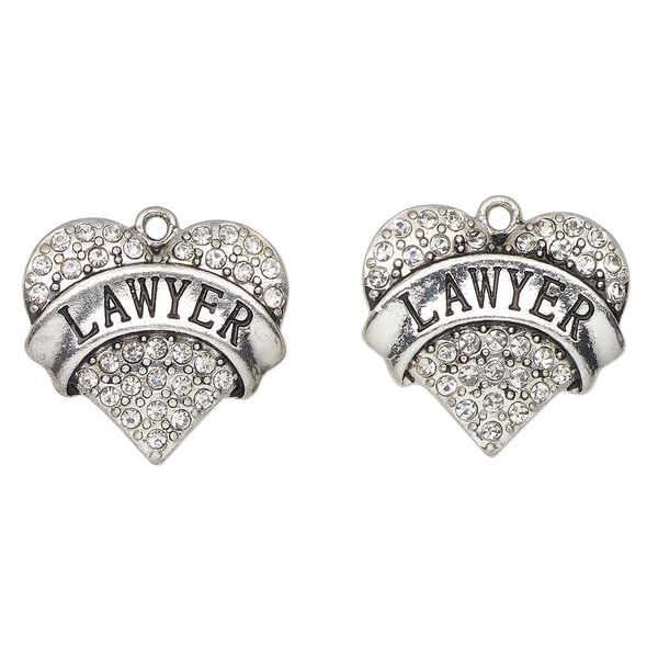 Charm, antique silver-finished enamel "pewter" (zinc-based alloy) and glass, clear and black, 24x23mm heart with "Lawyer". Sold per pkg of 2. image number 0