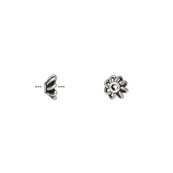 Bead cap, antiqued sterling silver, 5.5x2.5mm flower, fits 4-6mm bead. Sold per pkg of 12. image number 0