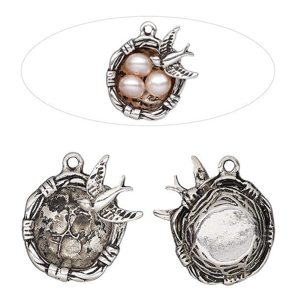 Charm, antique silver-finished "pewter" (zinc-based alloy), 24x22mm 3D bird nest, fits (3) 4mm beads. Sold per pkg of 2. image number 0