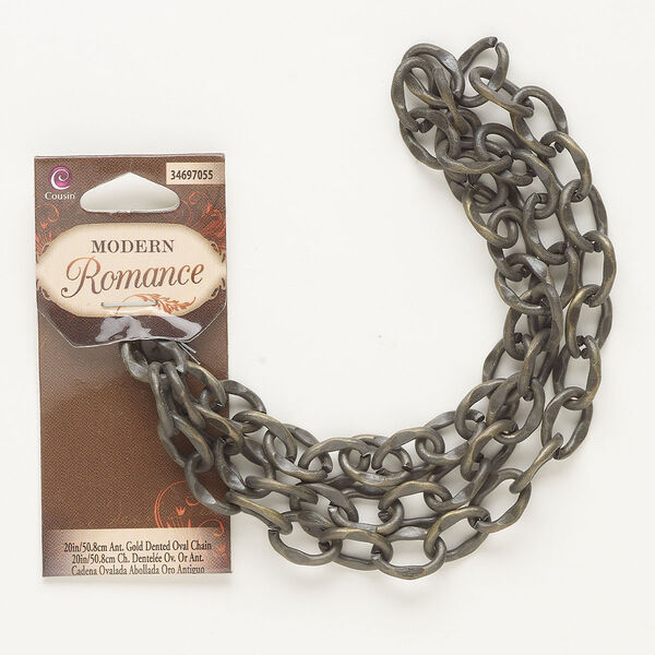 Chain, antique brass-finished steel, 9mm indented cable. Sold per pkg of 20 inches. image number 0