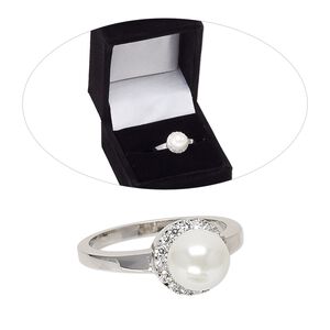 Ring, acrylic pearl / cubic zirconia / rhodium-finished brass, white and clear, 10mm round, size 8. Sold individually.