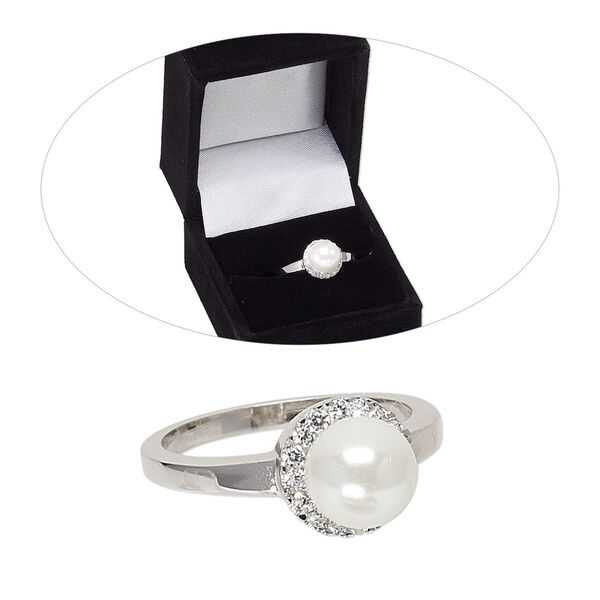 Ring, acrylic pearl / cubic zirconia / rhodium-finished brass, white and clear, 10mm round, size 8. Sold individually. image number 0