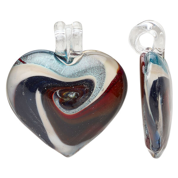 Focal, lampworked glass, multicolored, 48x43mm-50x45mm puffed heart with swirl design and silver-colored foil. Sold individually. image number 0