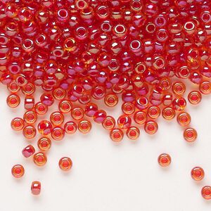 Seed bead, Miyuki, glass, pkg/50g, #8 rocaille, translucent scarlet-lined luster crystal clear (RR-3528).