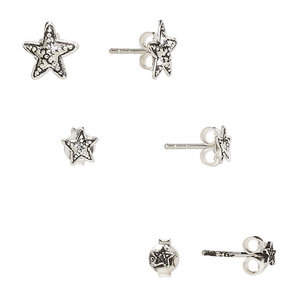Earstud, antiqued sterling silver, 3.5mm star with star design / 5.5x5mm beaded star / 9x8mm beaded star with post. Sold per pkg of 3 pairs. image number 0