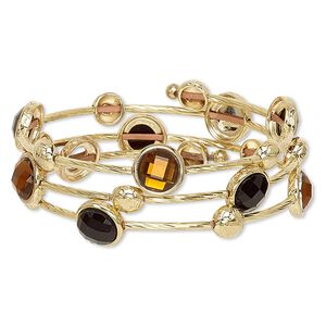 Bracelet, acrylic with gold-finished steel memory wire and "pewter" (zinc-based alloy), black and brown, 25mm wide with round, adjustable from 7-1/2 to 8 inches. Sold individually.
