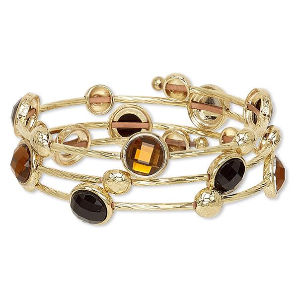 Bracelet, acrylic with gold-finished steel memory wire and "pewter" (zinc-based alloy), black and brown, 25mm wide with round, adjustable from 7-1/2 to 8 inches. Sold individually. image number 0