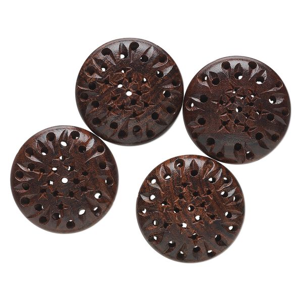 Bead, wood (natural), 33mm carved puffed flat round with holes and stars. Sold per pkg of 4. image number 0