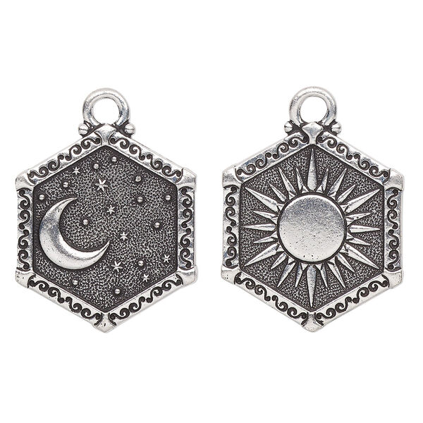 Charm, TierraCast®, "Celestial" collection, antique silver-plated pewter (tin-based alloy), 24.5x21.5mm 2-sided hexagon with sun and moon design. Sold pkg of 10. image number 0