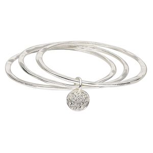 Bracelet, bangle, glass rhinestone with silver-finished steel and "pewter" (zinc-based alloy), clear, 14mm flat round, 7-1/2 inches. Sold individually.