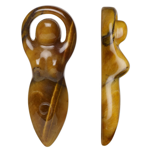 Focal, tigereye (natural), 39x15mm-40x16mm hand-cut undrilled single-sided goddess, B grade, Mohs hardness 7. Sold individually. image number 0