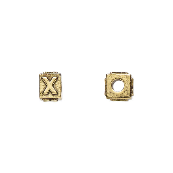 Bead, antique gold-plated pewter (tin-based alloy), 8x6mm rectangle with alphabet letter "X." Sold per pkg of 4. image number 0