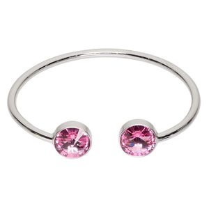 Bracelet, cuff, Everyday Jewelry™, Crystal Passions® and silver-plated "pewter", rose, 13mm wide double round, 7 inches. Sold individually.