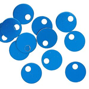 Drop, anodized aluminum, blue, 9mm double-sided flat round blank with 2mm hole, 20 gauge. Sold per pkg of 20.