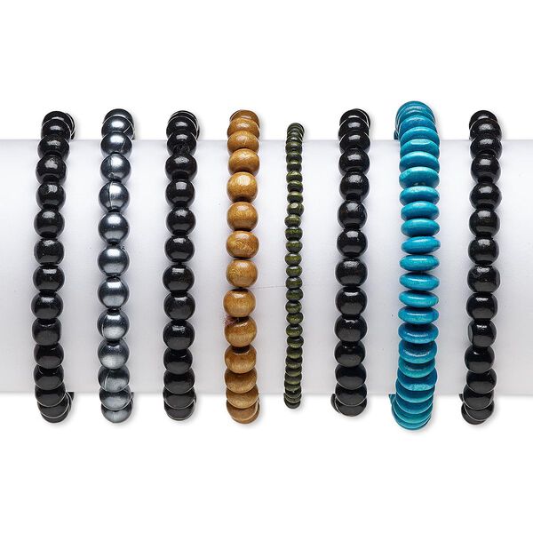 Bracelet, stretch, painted wood / stained wood / plastic, assorted colors, 4x3mm-9x6mm saucer and round,  6-1/2 inches. Sold per pkg of 8. image number 0