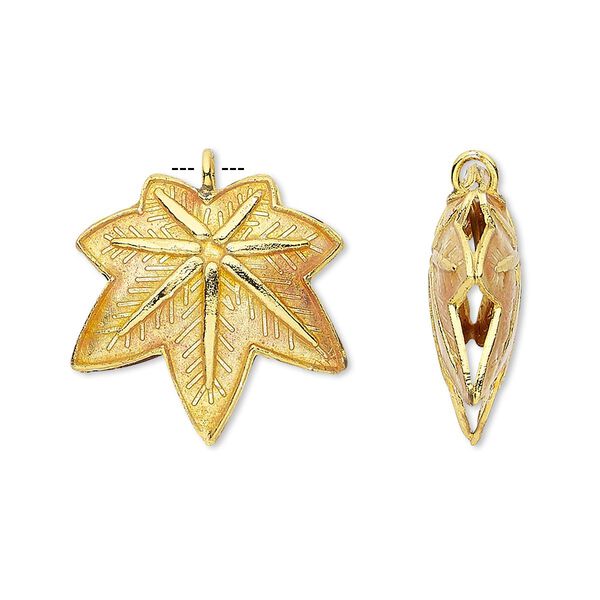 Charm, cloisonné, enamel and gold-finished copper, orange, 20x20mm double-sided maple leaf. Sold per pkg of 4. image number 0