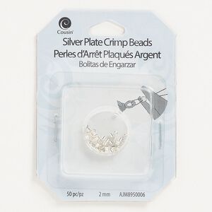 Crimp, silver-plated "pewter" (zinc-based alloy), 2mm tube, 1.4mm inside diameter. Sold per pkg of 50.