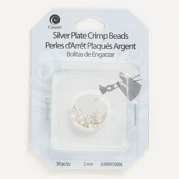 Crimp, silver-plated "pewter" (zinc-based alloy), 2mm tube, 1.4mm inside diameter. Sold per pkg of 50. image number 0