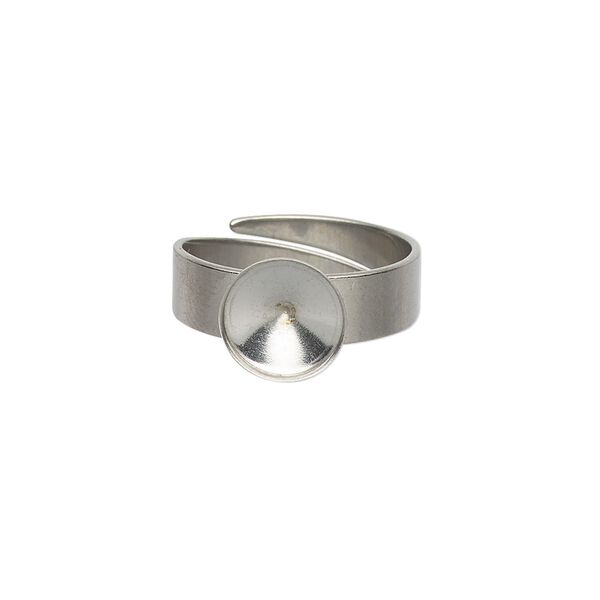 Ring, Almost Instant Jewelry®, stainless steel, 5mm wide with 9mm round and SS39 rivoli setting, adjustable from size 5.5-10. Sold per pkg of 2. image number 0