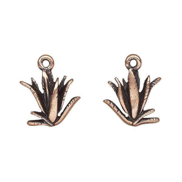 Charm, antique copper-plated pewter (tin-based alloy), 14.5x14mm double-sided aloe. Sold per pkg of 2. image number 0