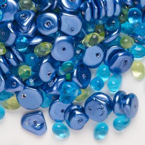Bead mix, glass, opaque and translucent aqua / periwinkle / yellow-green, top-drilled freeform and center-drilled flat / teardrop / chip. Sold per 100-gram pkg, approximately 865 beads.