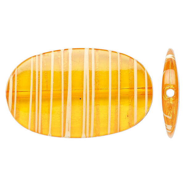 Bead, acrylic, semitransparent orange and white, 45x27mm flat oval with painted line design. Sold per pkg of 20. image number 0