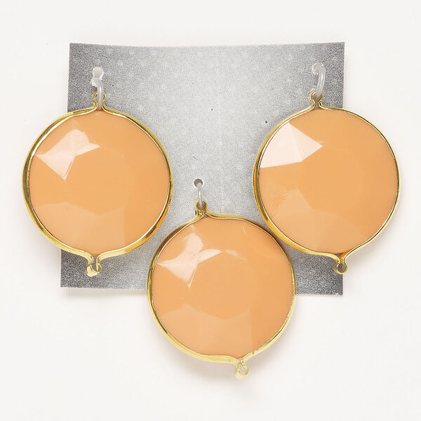Link, glass and gold-finished "pewter" (zinc-based alloy), opaque peach, 25mm double-sided faceted round. Sold per pkg of 3. image number 0