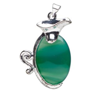 Pendant, green agate (dyed) and silver-finished brass, 34x25mm-35x26mm pitcher. Sold individually.