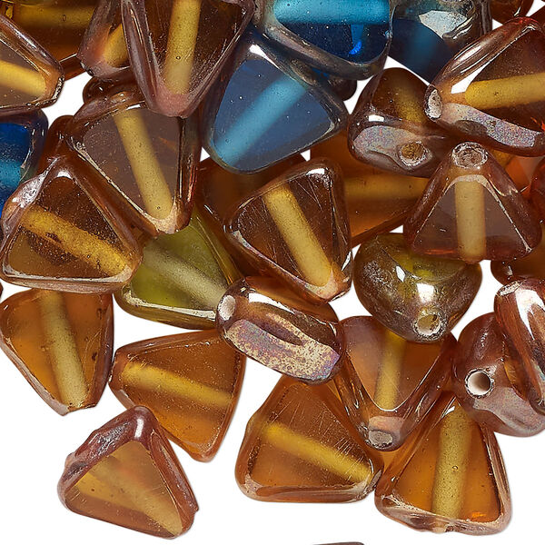 Bead mix, glass, translucent blue / purple / golden yellow, 11mm flat triangle. Sold per 4-ounce pkg of approximately 130 beads. image number 0