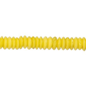 Bead, bone (dyed), yellow, 7x2mm saucer, Mohs hardness 2-1/2. Sold per 15-1/2" to 16" strand.