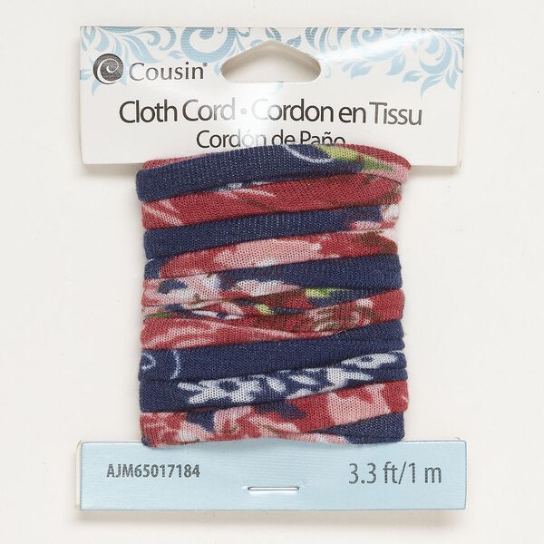 Cord, cloth, navy blue / pink / mixed colors, 5mm flat round with flower print. Sold per 1-meter section. image number 0
