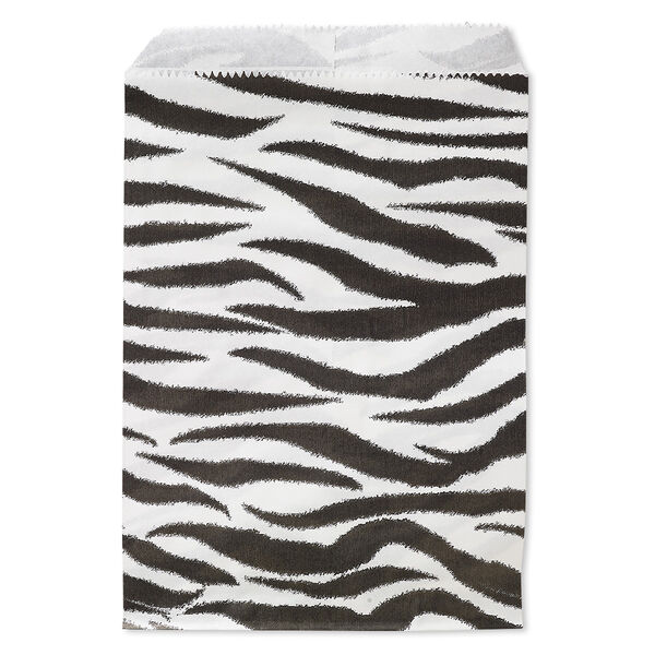 Bag, paper, white and black, 7x5 inches with zebra print and scalloped top edge. Sold per pkg of 100. image number 0
