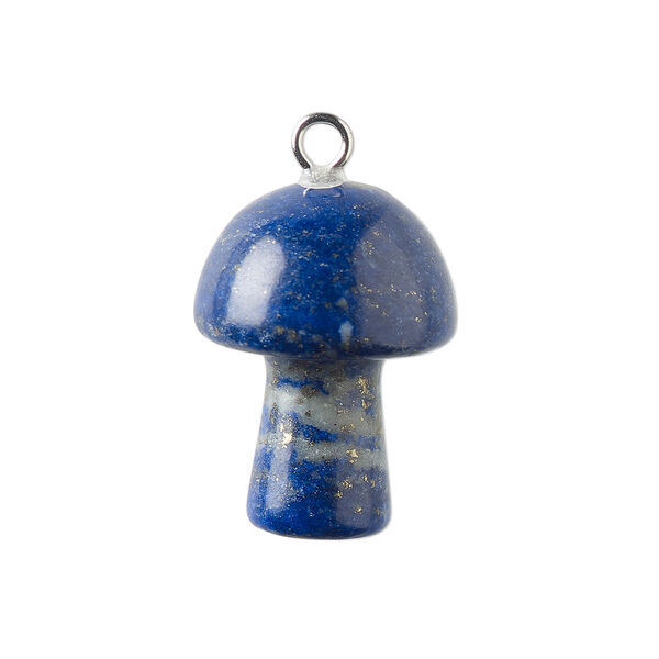 Drop, lapis lazuli (natural) and imitation rhodium-plated brass, 20x15mm hand-carved 3D mushroom. Sold individually. image number 0