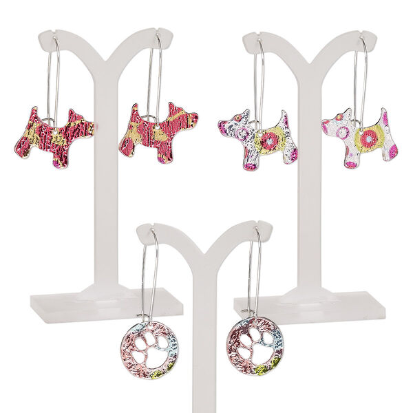 Earring mix, mylar / imitation rhodium-plated steel / "pewter" (zinc-based alloy), multicolored, 2-1/4 inches with (2) dogs and (1) round with paw cutout and kidney ear wire. Sold per pkg of 3 pairs. image number 0
