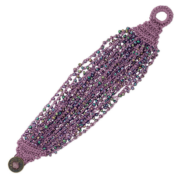 Bracelet, 22-strand, nylon / glass / antique brass-plated "pewter" (zinc-based alloy), mauve and rainbow mauve, 35mm wide with woven design, 6-1/2 inches with Chinese coin replica button clasp. Sold individually. image number 0