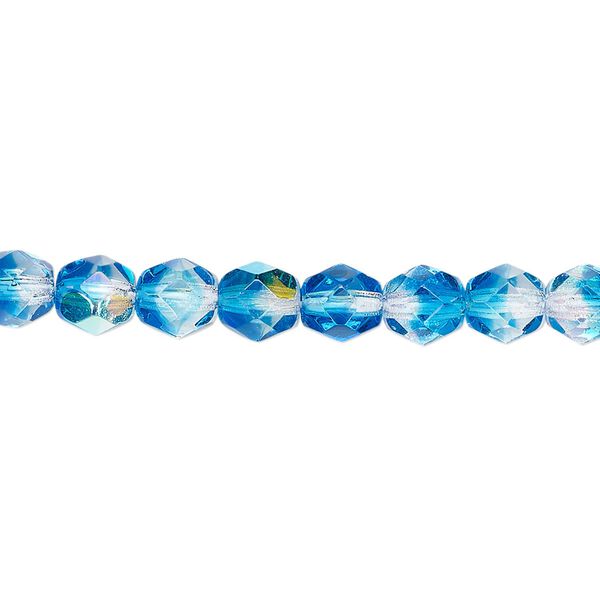Bead, Czech fire-polished glass, two-tone, translucent crystal and aqua AB, 6mm faceted round. Sold per pkg of 1 mass. image number 0