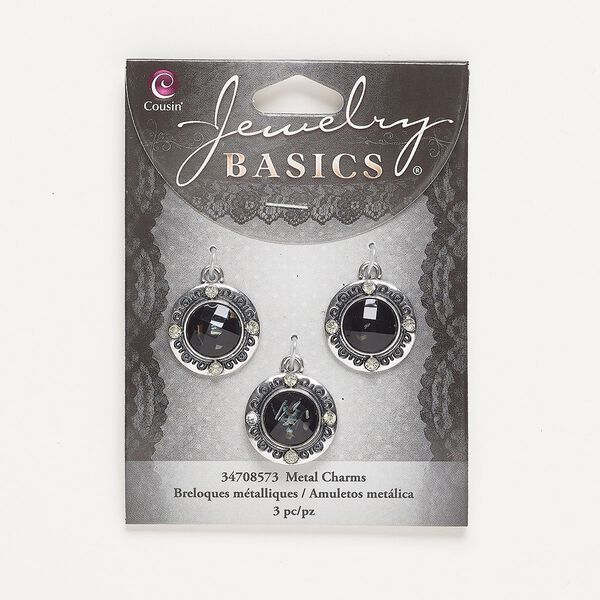 Drop, silver-finished "pewter" (zinc-based alloy) / acrylic / glass, black and pale yellow, 19mm single-sided textured round with swirl design. Sold per pkg of 3. image number 0