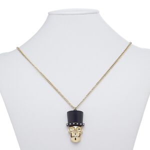 Necklace, glass rhinestone / painted "pewter" (zinc-based alloy) / gold-finished steel, clear and matte black, 46x27mm skull with top hat, 27 inches with lobster claw clasp. Sold individually.