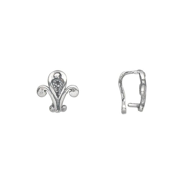 Bail, JBB Findings, peg with eye, antiqued sterling silver, 10mm fleur-de-lis, 7mm grip length. Sold individually. image number 0