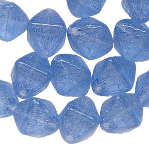 Bead, Czech pressed glass, translucent blue, 15x11mm-16x12mm textured double cone. Sold per pkg, approximately 25 beads.