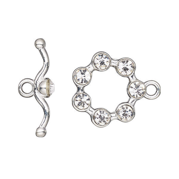 Clasp, toggle, glass rhinestone and silver-finished "pewter" (zinc-based alloy), clear, 19mm round. Sold individually. image number 0